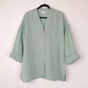 J Jill Pure Jill womens L linen popover top 3/4 sleeve woven coastal beach green